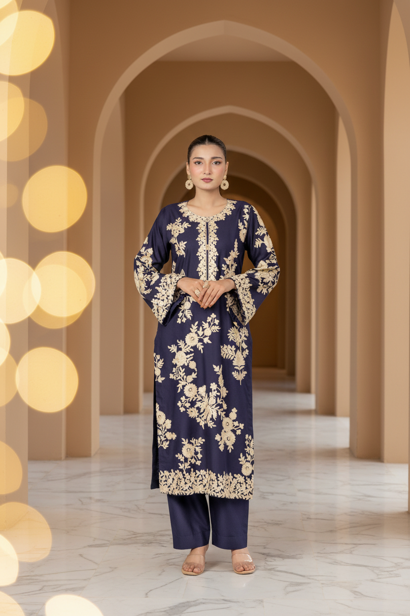 Navy Opulence (Embroiderd - Stitched 2 Pcs)